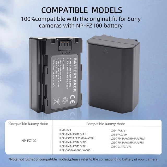 7.2v 2280mAh NP-FZ100 Li-Ion Camera Battery for Sony Alpha 9 A9 A9R A9S A7R MARK 3 III A7 BC-QZ1 ILCE-7RM3 CE FCC Certified