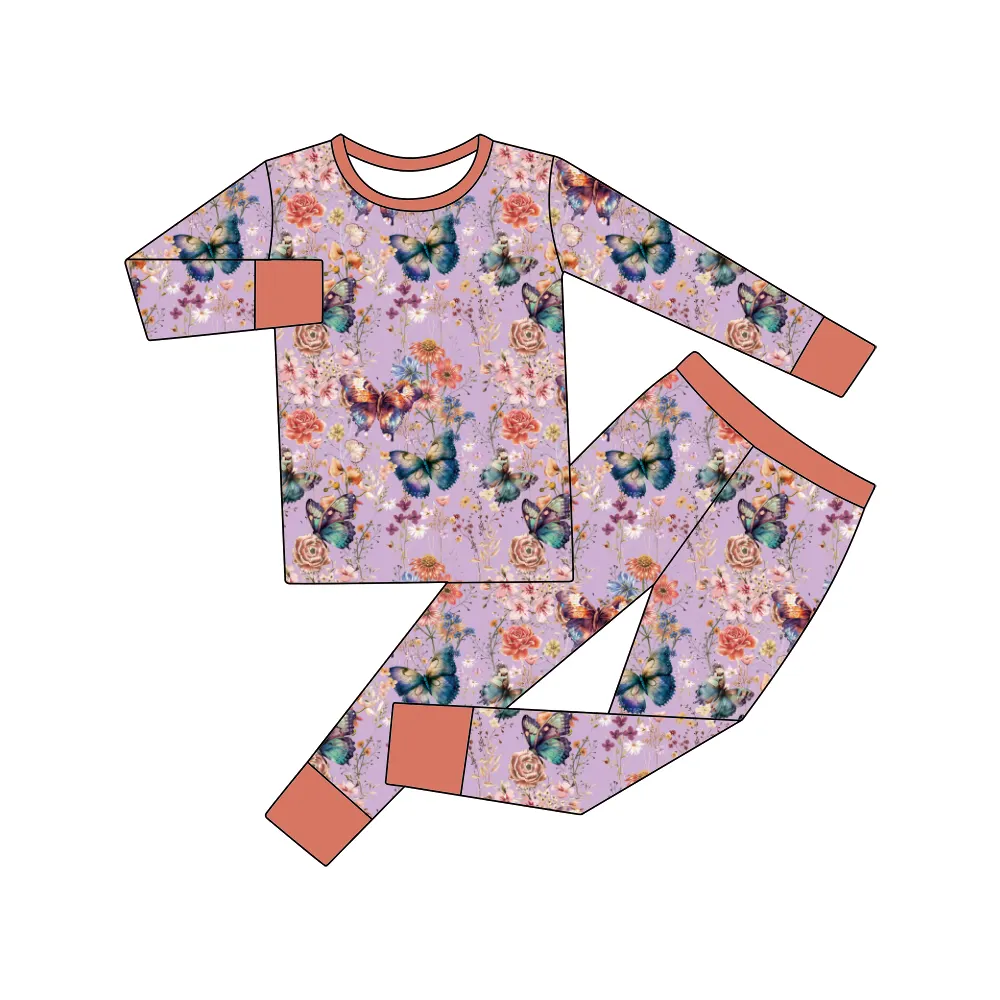 Nieuwe Aankomst Op Maat Voor Kinderen Lange Mouwen Broek Loungekleding Sets Vlinder Lente Print Meisjes Kinderen Pyjama Set