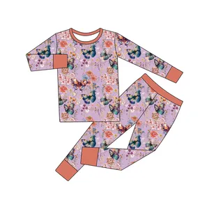 Nueva llegada personalizado niños pantalones de manga larga Lounge wear conjuntos mariposa primavera impresión niñas niños pijama conjunto