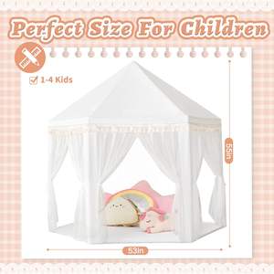 Tente de jeu pour filles, style princesse, blanche, avec décorations en pompons, grande tente de jeu pour enfants, château pour enfants, tente de jeu intérieure et extérieure pour enfants - Product Image 2
