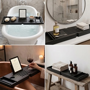 Accesorios de Baño de Bambú Negro Ajustables y Expandibles, <span class=keywords><strong>Bandeja</strong></span> de <span class=keywords><strong>Bañera</strong></span> de Lujo de <span class=keywords><strong>Madera</strong></span> con Portavasos y Soporte para Libros - Product Image 4