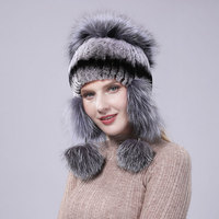 Chapeau d'hiver pour femme en fourrure de lapin rex et de renard cousue à la main avec rabat pour les oreilles et chaleur élastique