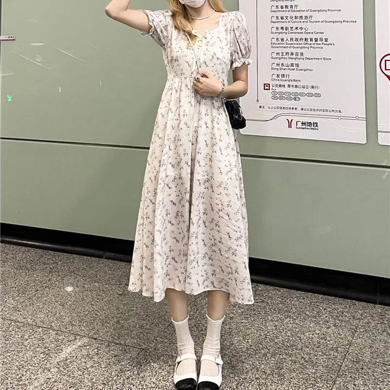 Dropshipping Latest Korean Fashion Puff Sleeve Knee Length Floral Dress Summer Girls Midi Print Long Chiffon Dresses For Women