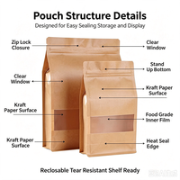 Sachet en papier kraft imprimé sur mesure, refermable avec fermeture éclair, fond plat et fenêtre transparente pour l'emballage de nourriture et de snacks