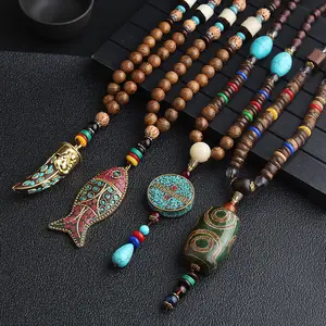 Fashion Jewelry Vintage Long Necklace Handmade Turquoise Fish Pendant Wood Beads Necklace for Women