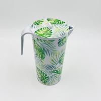 Gelas Melamin Motif Daun Tropis untuk Minuman Dingin 1500ml, Gelas Air Melamin Putih 1.5L/50oz dengan Tutup Anti Bocor