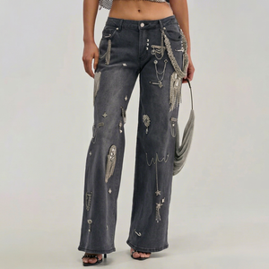 Jeans Unisex de Mezclilla, Cintura Media, Corte Holgado, Estilo Bohemio, con Cadena de Pedrería Bordada, Pierna Ancha, Color Gris - Product Image 1