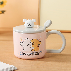 Tasse en céramique avec couvercle et cuillère, motif chien joyeux, grande poignée, grande capacité, pour couples, usage domestique - Product Image 6