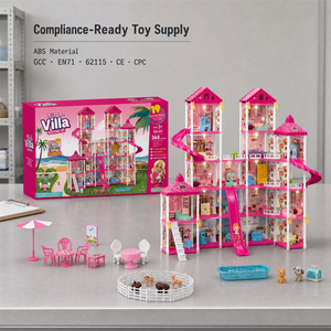 Ensemble de construction de <span class=keywords><strong>maison</strong></span> de poupée Villa de 368 pièces, 19 pièces, rose, avec double toboggan, meubles et accessoires, <span class=keywords><strong>pour</strong></span> jeu d'imitation intérieur, cadeau familial - Product Image 6