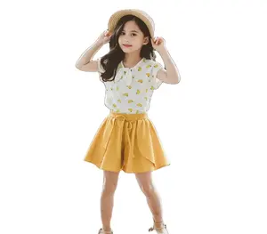 批发畅销产品水果印花韩国儿童t恤和裙子热卖女孩穿套装女孩2件