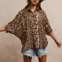 Chemisier ample décontracté pour femme, style vintage, imprimé léopard, col chemise, manches chauve-souris mi-longues, boutonné, grande taille personnalisée