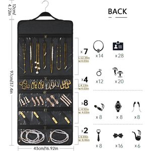 Organisateur de bijoux suspendu en toile double face avec poches zippées pour colliers, boucles d'oreilles, rangement pour femmes - Product Image 2