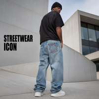 Jean en Denim Large Rétro Street MC BUILD Homme Y2K Personnalisé avec Lettres Imprimées, Poches et Broderies Droites