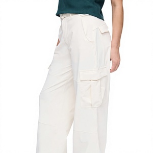 Pantalones Cargo Blancos de Cintura Alta para Mujer, Corte Holgado, Largos, Color Sólido, Poliéster, Casuales, de Verano, con Bolsillos - Product Image 1