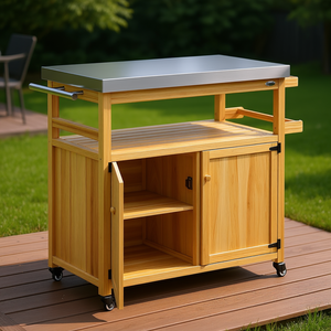 Carrello da Cucina per Esterni in Legno Massello con Piano in Acciaio Inox, Ruote e Armadietti Portaoggetti, Carrello per Barbecue da Esterno in Legno Naturale - Product Image 2