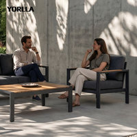 Ensemble de canapés de patio modernes en aluminium avec accoudoirs en teck et dossier à lattes, pour extérieur, dimensions personnalisées, vente en gros B2B