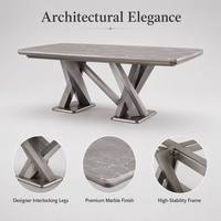 Ensemble de table à manger moderne avec plateau en marbre et pieds en acier inoxydable argenté pour hôtel, appartement, salle à manger