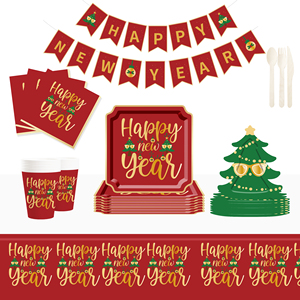 Juego de Vajilla Desechable DAMAI con Diseño Navideño, Platos, Vasos y Servilletas de Papel con Molde de Árbol de Navidad - Product Image 1