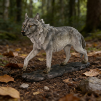 Statue de loup gris réaliste en résine avec texture de fourrure réaliste, figurine en position de marche pour la décoration intérieure, sculpture animale artisanale