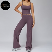 Ensemble 2 pièces élégant et respirant pour femme : débardeur uni brossé et pantalon large taille haute – Idéal pour la course, le yoga, le Pilates – Logo personnalisé