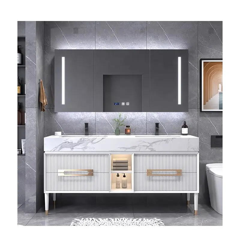 white led light mirror with anti fog bathroom cabinet with double integrated rock stone sink cabinet vanity