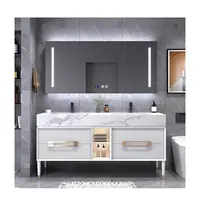 Современное Белое светодиодное освещение, умный зеркальный шкаф, шкаф для ванной комнаты, роскошный настенный шкаф с двойной раковиной и мраморным верхом