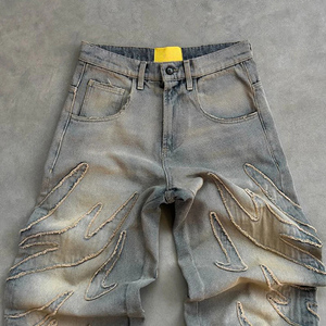 بنطلون جينز رجالي فضفاض بتصميم عصري مخصص OEM/ODM، ملابس الشارع على طراز الهيب هوب Y2K، بنطلون دنيم كاجوال مطرز ومغسول للرجال - Product Image 4