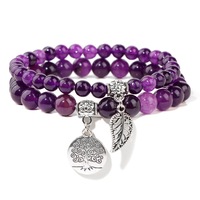 Bracelets de couple tendance avec pendentif feuille Arbre de Vie, ensemble de bracelets perlés en pierre naturelle améthyste pour hommes et femmes
