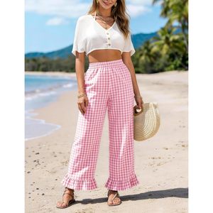 Pantalones anchos de algodón a cuadros para mujer FOXA, con volantes en el bajo, cintura elástica y bolsillos. - Product Image 4