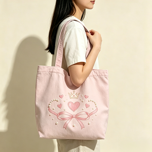 <span class=keywords><strong>Borsa</strong></span> Tote in Tela Personalizzata OEM con Motivo Cuore <span class=keywords><strong>Rosa</strong></span> Romantico, Corona, Fiocco e Perle, Tracolla <span class=keywords><strong>Rosa</strong></span> Abbinata, <span class=keywords><strong>Borsa</strong></span> a Spalla per Studenti - Product Image 2