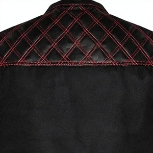 Chaleco de Cuero Negro para Hombre, Estilo Motero, con Costuras Rojas, Diseño Acolchado, Cuello Mao, Cortavientos, Prenda Exterior Sólida para Invierno - Product Image 3