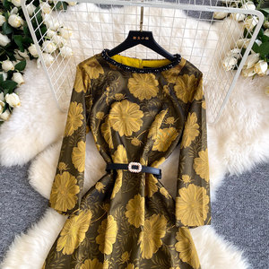 Abiti da Donna per Ufficio, <span class=keywords><strong>Vestito</strong></span> <span class=keywords><strong>Rosso</strong></span> Floreale con Cristalli, Linea A, <span class=keywords><strong>Maniche</strong></span> <span class=keywords><strong>Lunghe</strong></span>, Cintura, Elegante e Aderente, Primaverile - Product Image 5