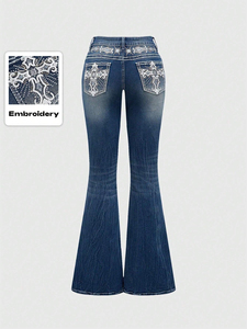 Jeans Ajustados de Pierna Ancha con Bordado de Alas Cruzadas de Estilo Grunge Punk Y2K Retro para Mujer - Product Image 1