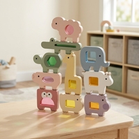 Juguete de apilamiento de animales de madera con bloques de emparejamiento de formas que dejan pasar la luz, juguete educativo de animales en colores pastel para niños pequeños