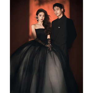 Black Strapless Ball Gown Chiffon Natural Waist Mesh Evening Dress For Banquet Birthday Wedding - Product Image 5