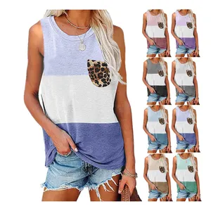 W1647 Plus Size Women Tee New Summer Beach Casual Female Oversized T Shirt Top Loose Patchwork Leopard Print Pocket Tank T-shirt