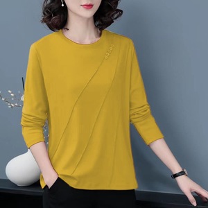 Women's Long Sleeve T-Shirt Yellow Round Neck Loose Fit Autumn Spring Base <b>Layer</b> <b>Top</b> For Mothers - Product Image 2