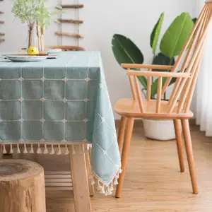 日式棉麻蓝色条纹格子刺绣长方形桌布家居厨房装饰桌罩