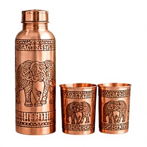Juego de Botellas de Agua de Cobre Vintage con Tapa y 2 Tazas con Grabado de Elefantes, Vajilla Ecológica - Product Image 1
