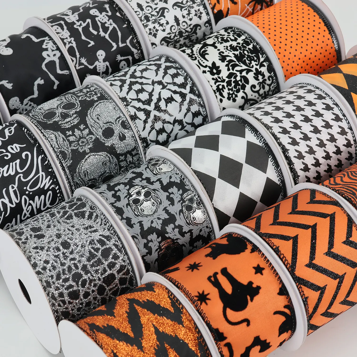 Halloween Spiderweb fantasma impreso Diy cintas decorativas para envolver poliéster artesanía cintas con cable para decoración de fiesta en casa corona