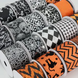 Halloween-Spinworm Gespenst bedruckte Bleistift-Dekorations-Verpackungsbänder Polyester handwerklich verdrahtete Bänder für Heimparty-Dekoration Kranz