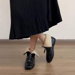 Versión de Piel de Oveja~Botines Retro para Mujer con Forro de Felpa, Convertibles, con Cierre Frontal, Botas Versátiles de Moda, Planas y Ajustadas - Product Image 4