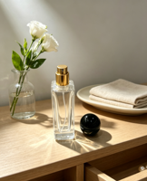 Vente en gros de flacons de parfum vides en verre de 30 ml, flacon de parfum rectangulaire transparent avec bouchon sphérique noir pour Cologne