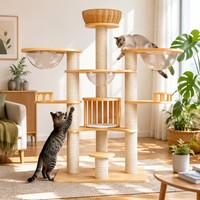 Arbre à chat multi-niveaux en bois avec poteau à gratter en sisal, bol en acrylique, perchoir, panier en osier, grande tour d'escalade, mobilier d'intérieur