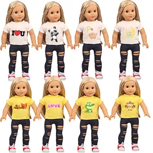 OEM ODM मुद्रित डिजाइन DIY गुड़िया कपड़े टी शर्ट और जींस के लिए 18 इंच युवा लड़की गुड़िया