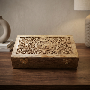 Hand Carved Wooden Jewelry <b>Box</b> Elephant Design <b>Floral</b> Pattern <b>Storage</b> Organizer Case Uttarakhand M/S Huda Handicraft Home Decor - Product Image 2