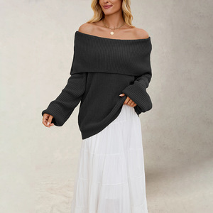 Pull en tricot à épaules dénudées pour femme, manches longues, coupe ample, couleur unie, anti-boulochage, vêtements d'hiver - Product Image 1