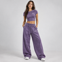 Ensemble deux pièces pour femme, crop top violet et pantalon large en nylon tricoté épais, style streetwear Y2K vintage délavé, avec logo personnalisé, fabrication sur mesure.