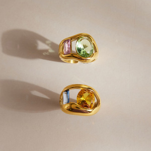 Modern 18K <b>Gold</b> Plated <b>Cocktail</b> <b>Ring</b> With Natural Peridot And Oval Gemstone Geometric Design Unisex Party Jewelry - Product Image 1