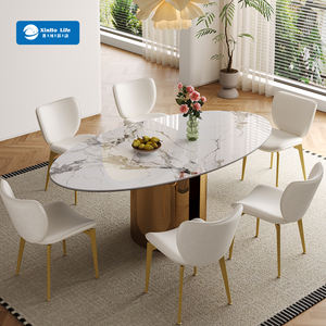 Ensemble <span class=keywords><strong>de</strong></span> table à manger moderne en pierre frittée dorée crème <span class=keywords><strong>blanche</strong></span> <span class=keywords><strong>de</strong></span> forme octogonale avec 6 chaises, pieds en métal imperméables et écologiques pour hôtel - Product Image 1